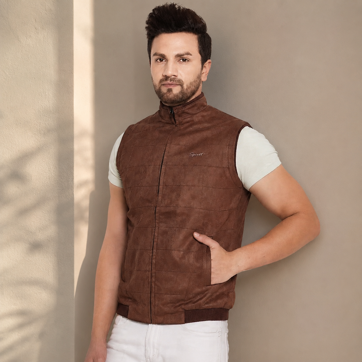 Shop Men Brown Suede Bomber Leather Vests