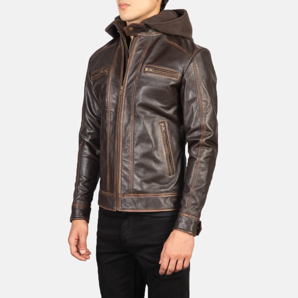 Men's Hector Vintage Brown Hooded Leather Biker Jacket Side Pose