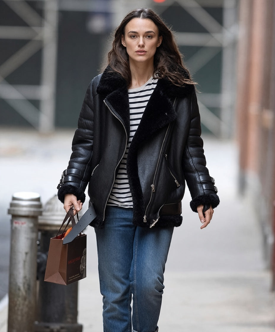 Keira Knightley Inspired Black Shearling Leather Jacket