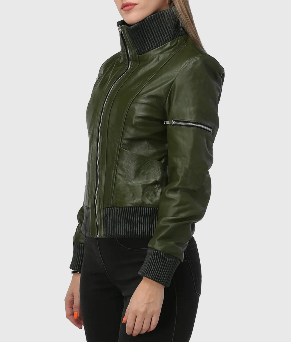 Shop Women's Green Bomber Leather Jacket