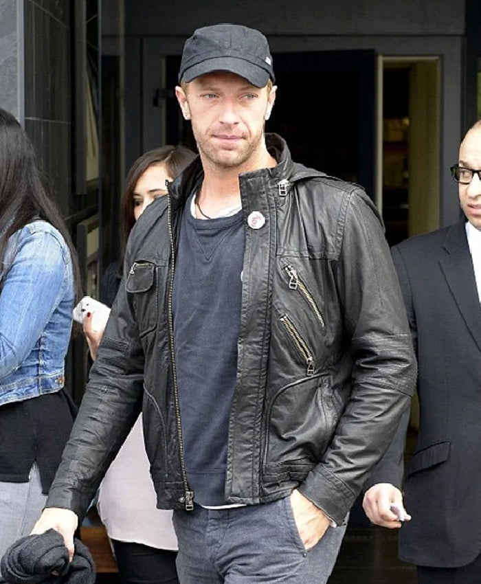 Shop Chris Martin Coldplay Black Hooded Leather Jacket