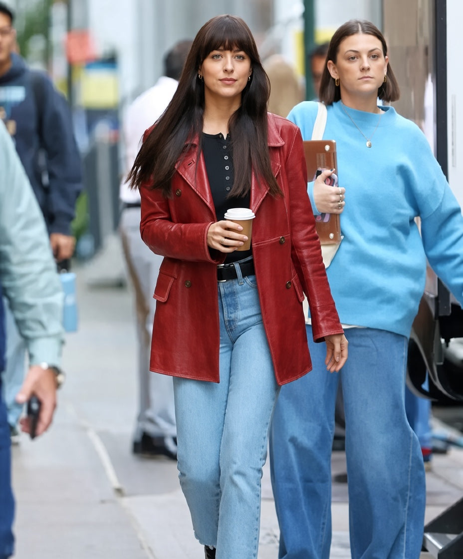 Dakota Johnson Madame Web Leather Coat Style