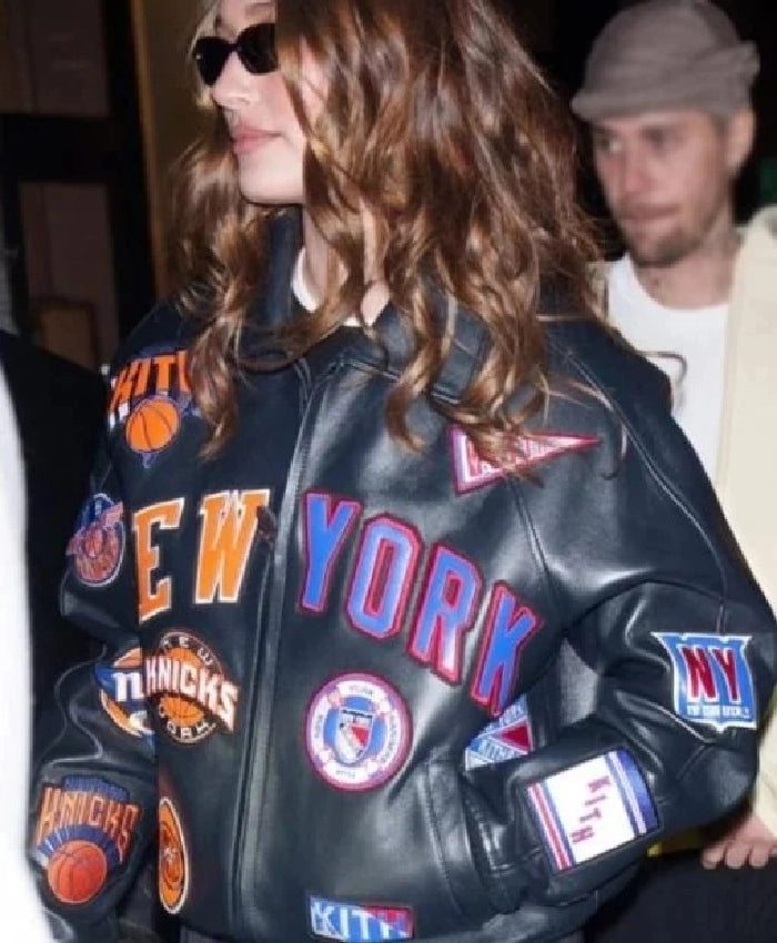Hailey Bieber Inspired New York Knicks Leather Jacket