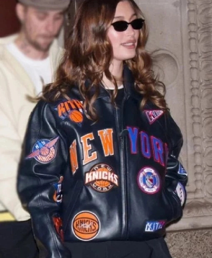 Hailey Bieber Inspired New York Knicks Leather Jacket