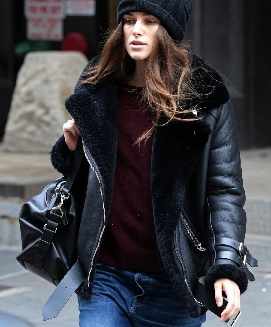 Keira Knightley Inspired Black Shearling Leather Jacket