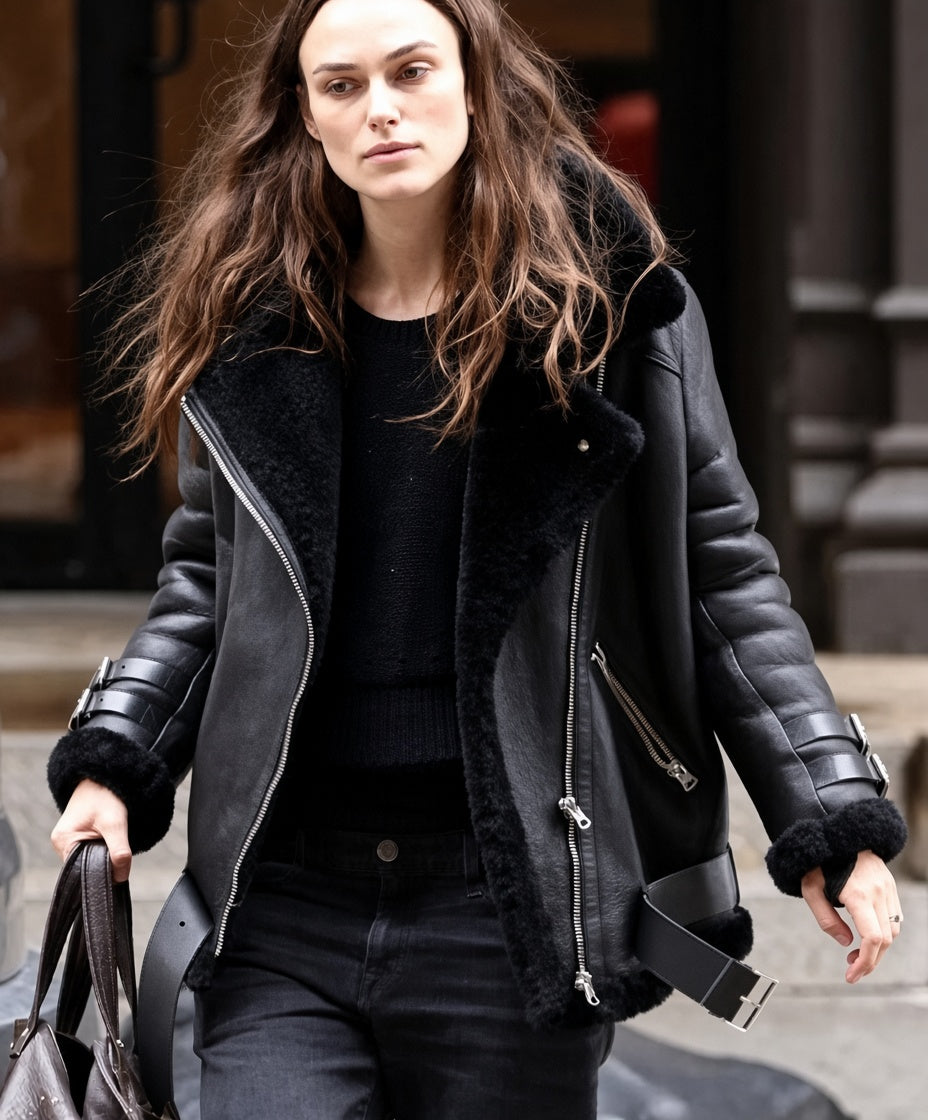 Keira Knightley Inspired Black Shearling Leather Jacket