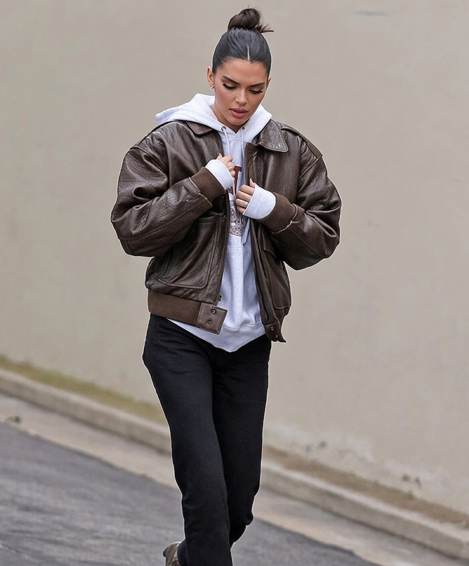Kendall Jenner Inspired Brown Leather Bomber Jacket
