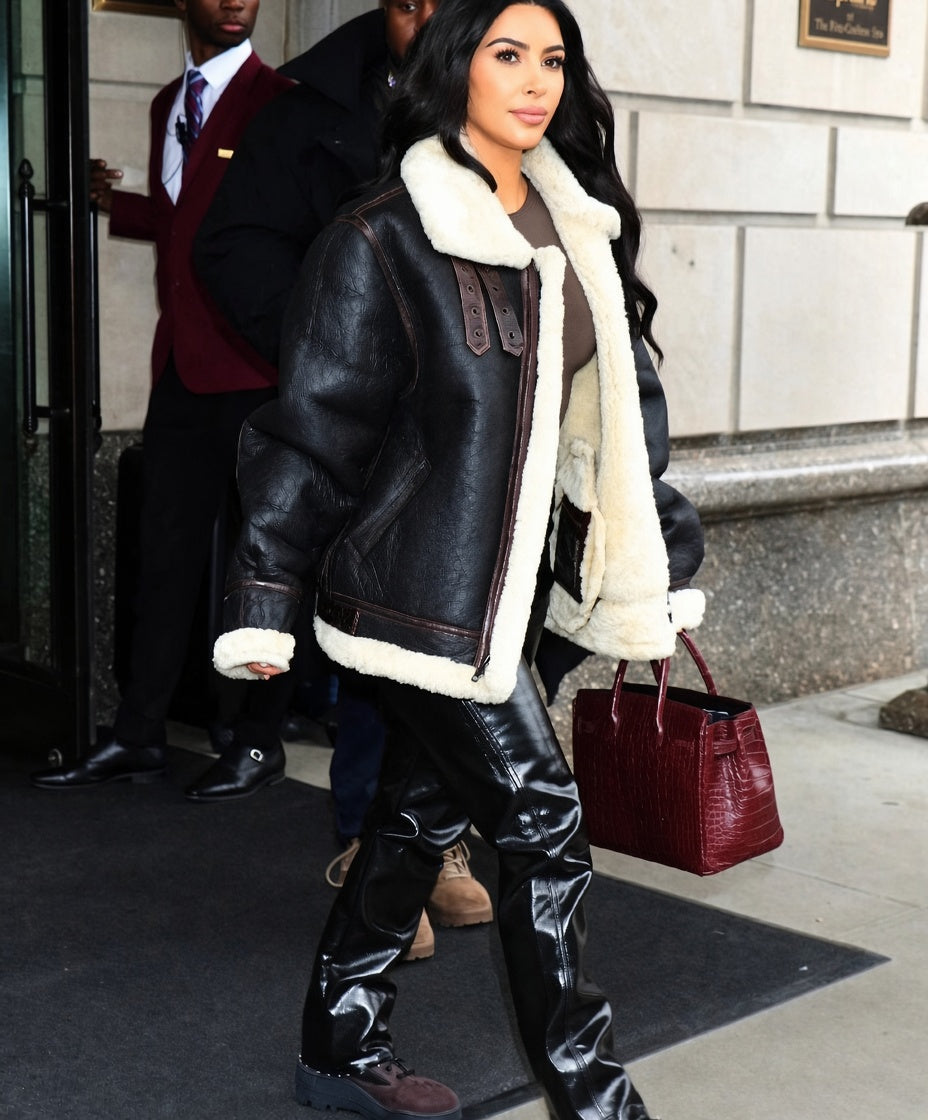 Kim Kardashian Inspired Black Leather Jacket with Faux Fur