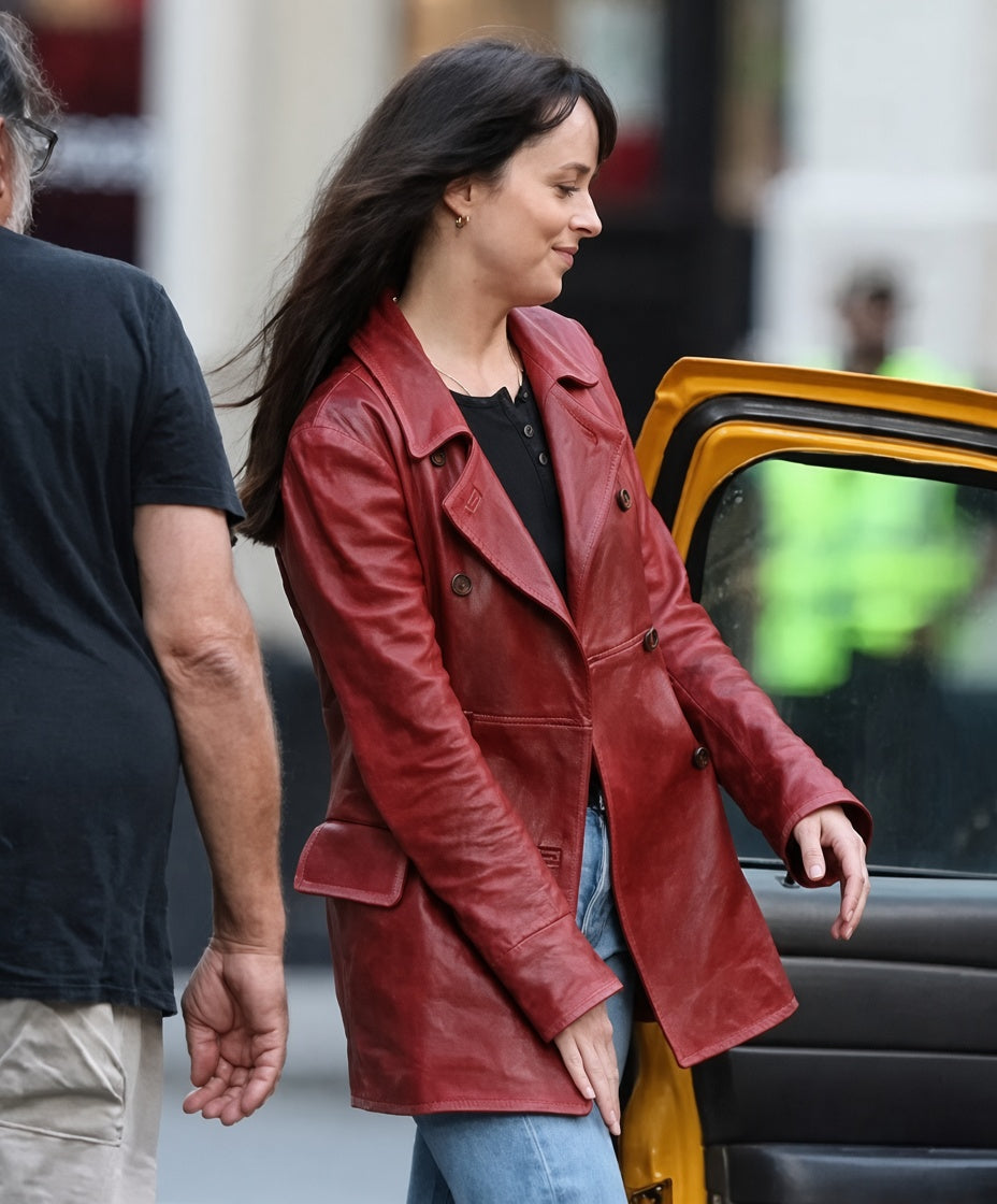 Dakota Johnson Madame Web Leather Coat Style