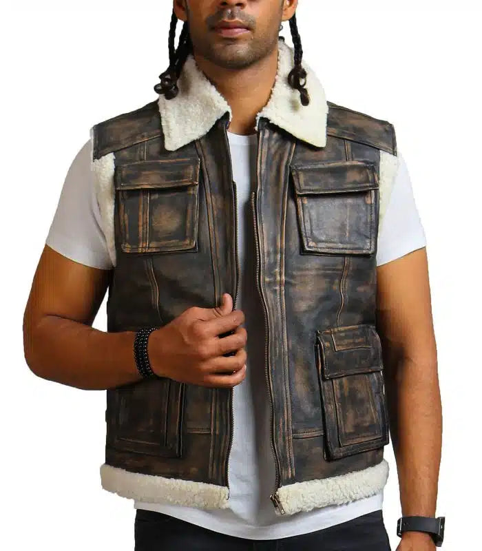 Shop Brown Waxed Faux Fur Leather Vest