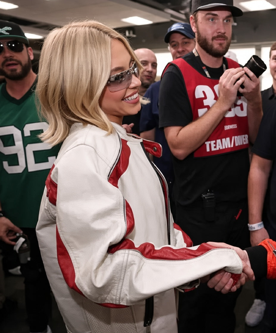 Sydney Sweeney Inspired NASCAR Championship White Leather Jacket