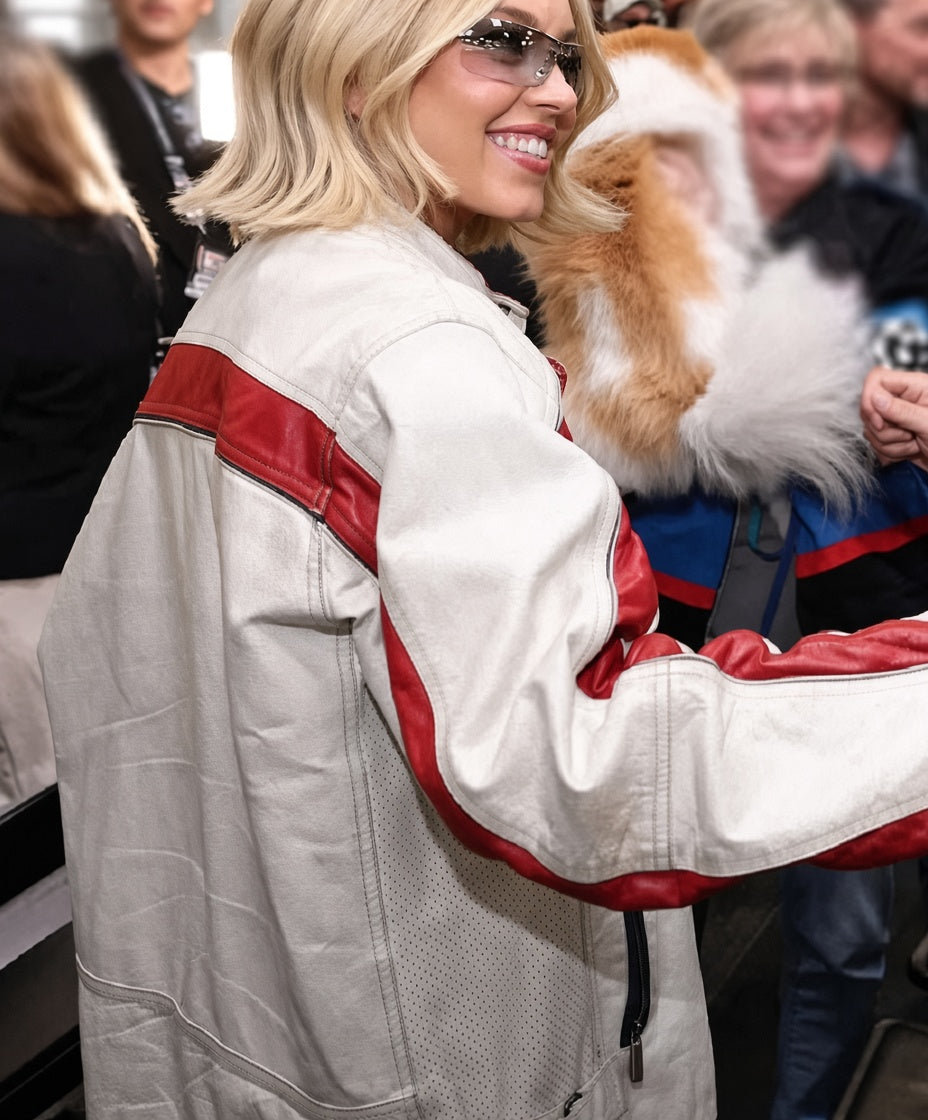 Sydney Sweeney Inspired NASCAR Championship White Leather Jacket