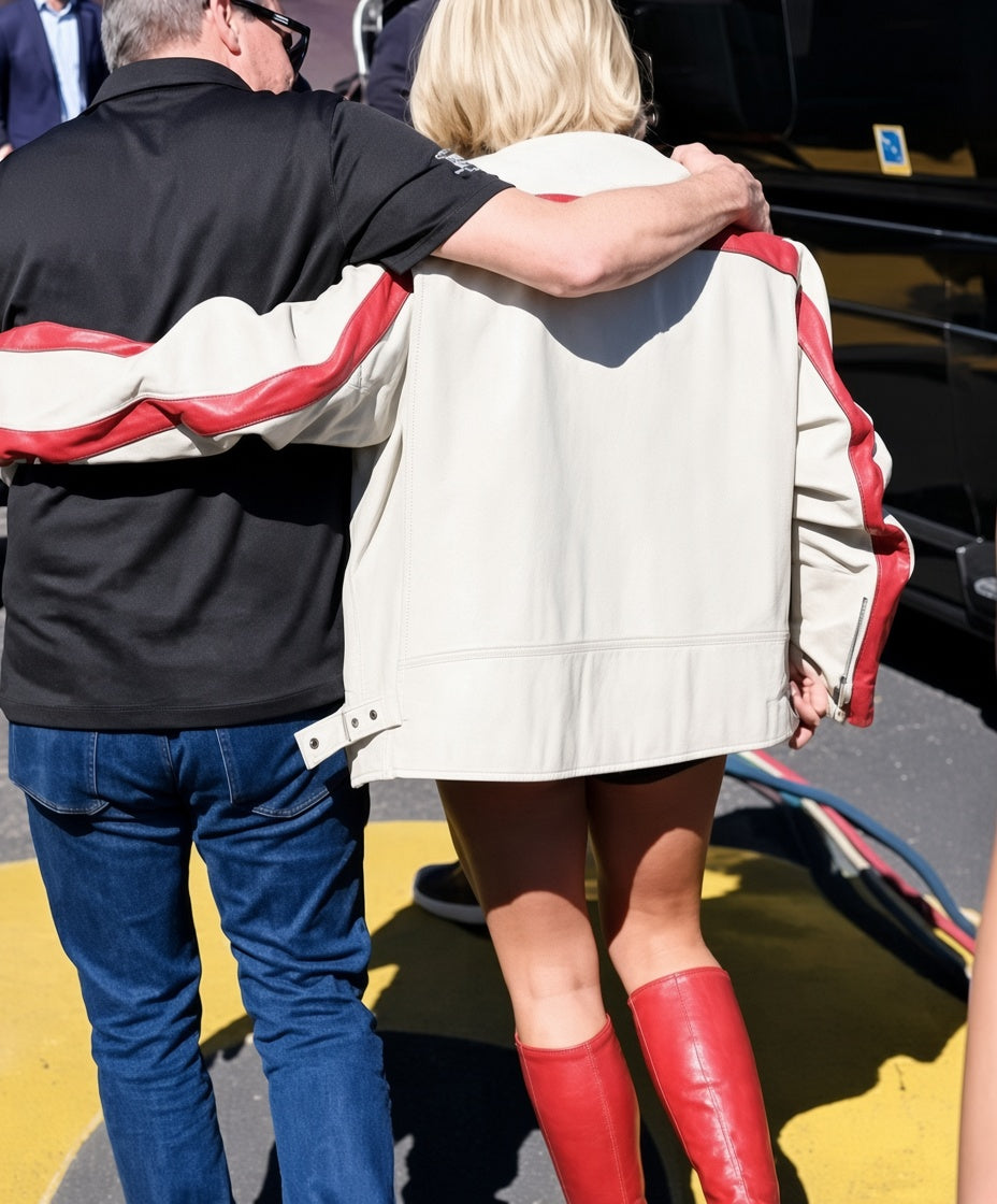 Sydney Sweeney Inspired NASCAR Championship White Leather Jacket