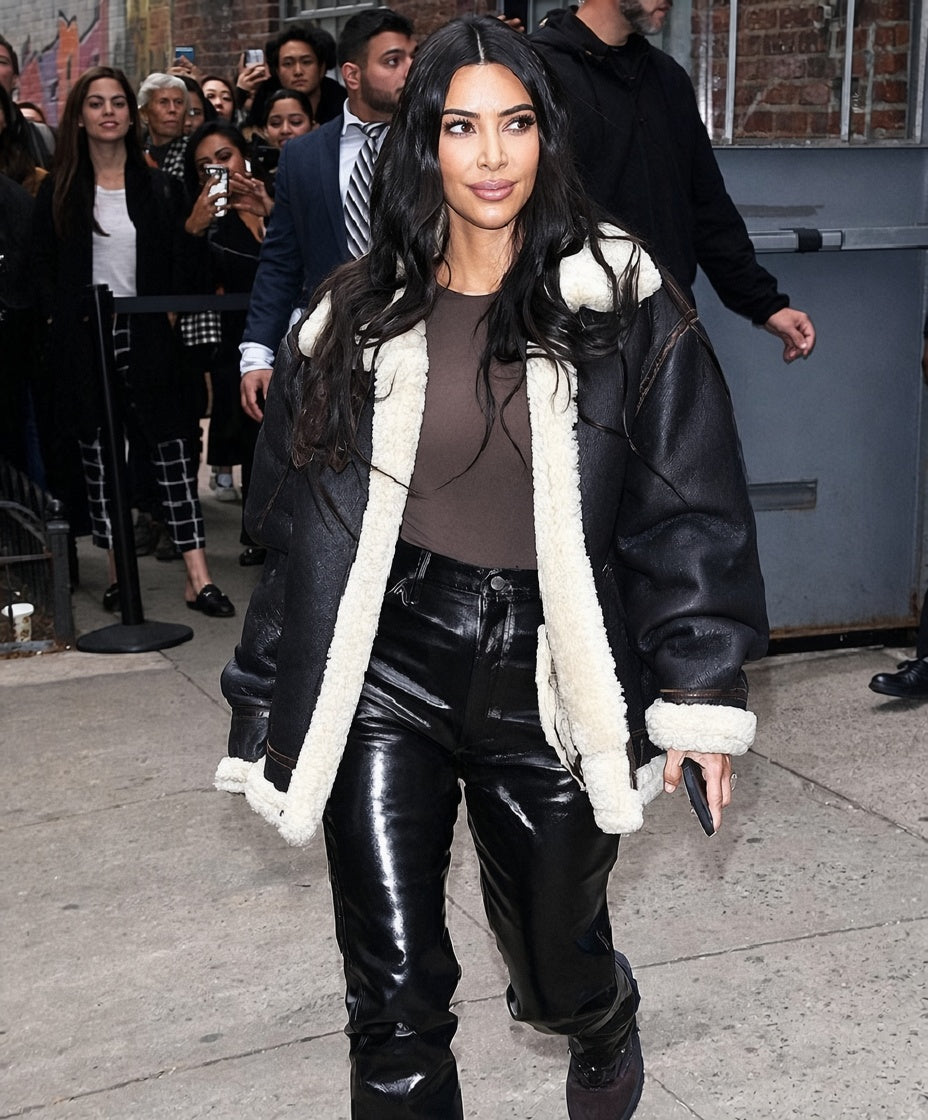 Kim Kardashian Inspired Black Leather Jacket with Faux Fur