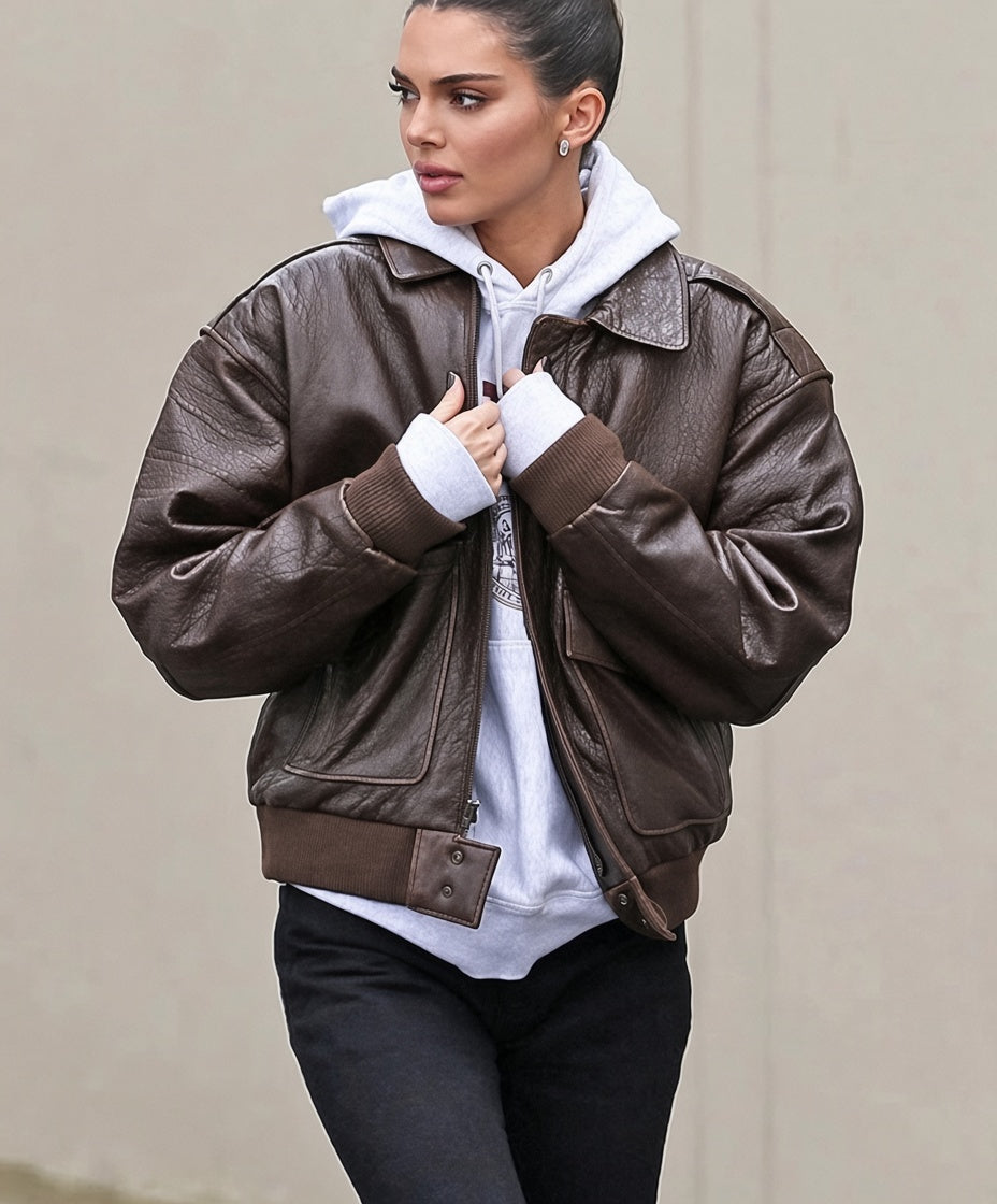 Kendall Jenner Inspired Brown Leather Bomber Jacket