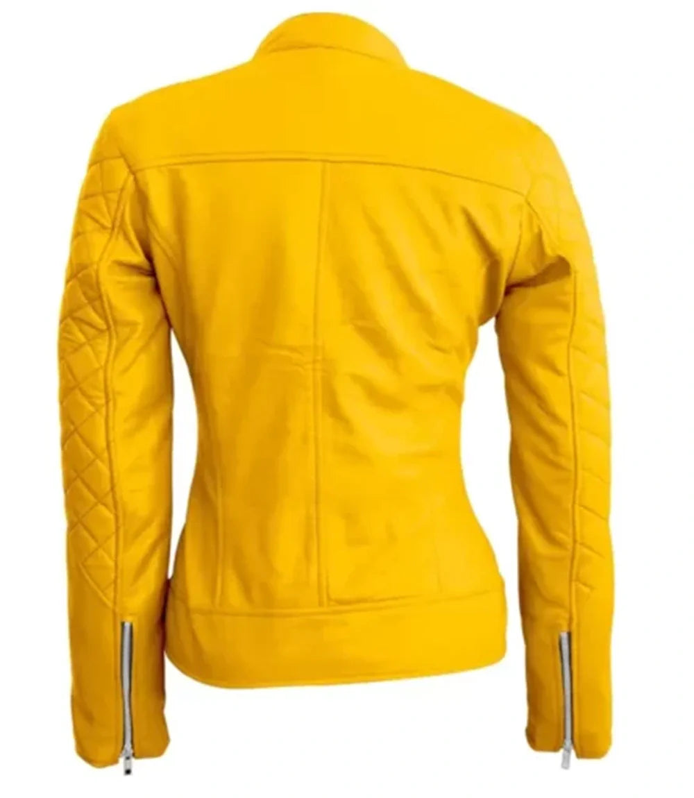 Shop Womens Yellow Biker Quilted Leather Jacket By TJS