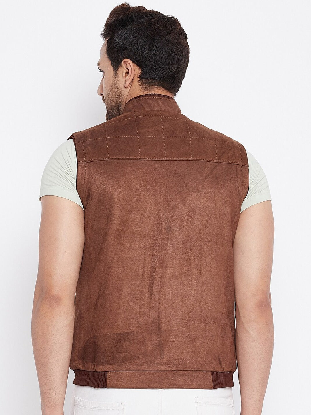 Shop Men Brown Suede Bomber Leather Vests
