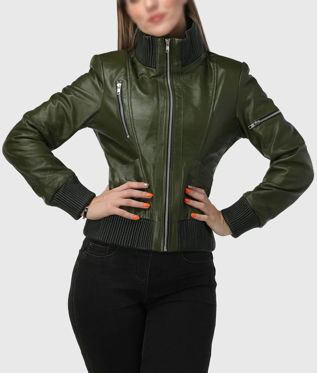 Shop Women's Green Bomber Leather Jacket