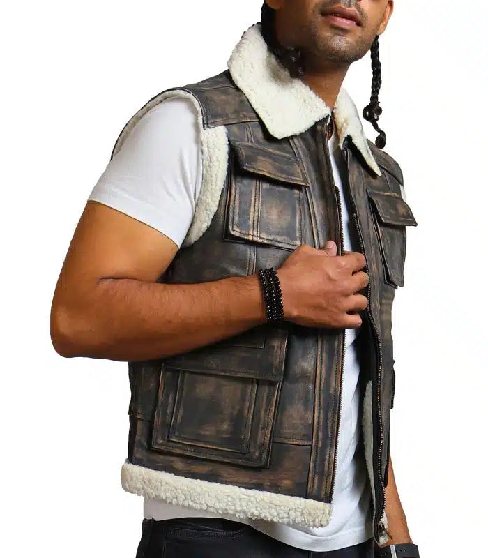 Shop Brown Waxed Faux Fur Leather Vest