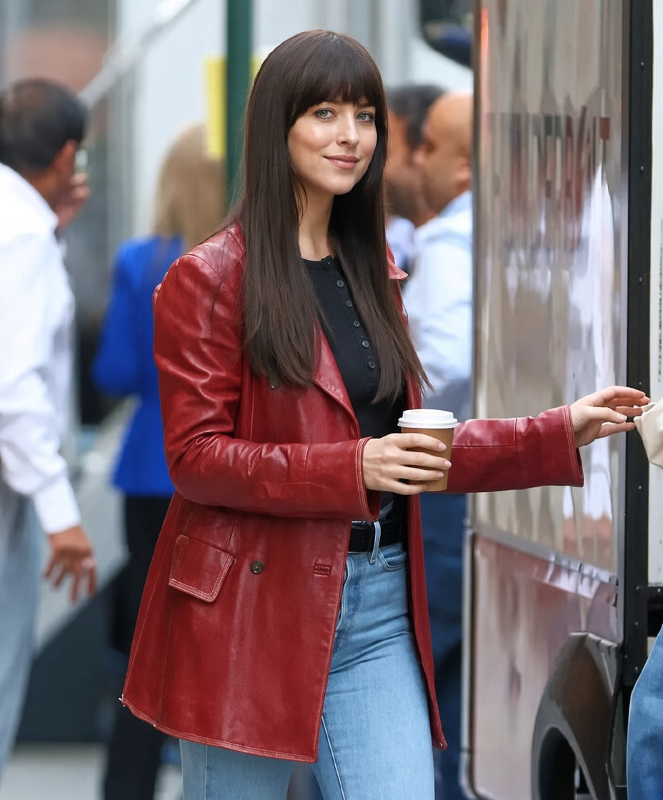 Dakota Johnson Madame Web Leather Coat Style