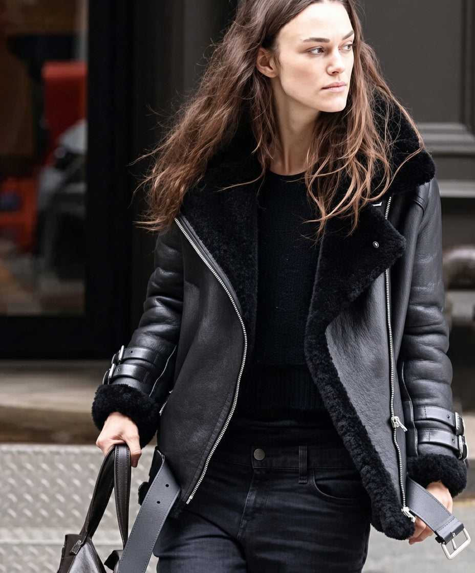 Keira Knightley Inspired Black Shearling Leather Jacket