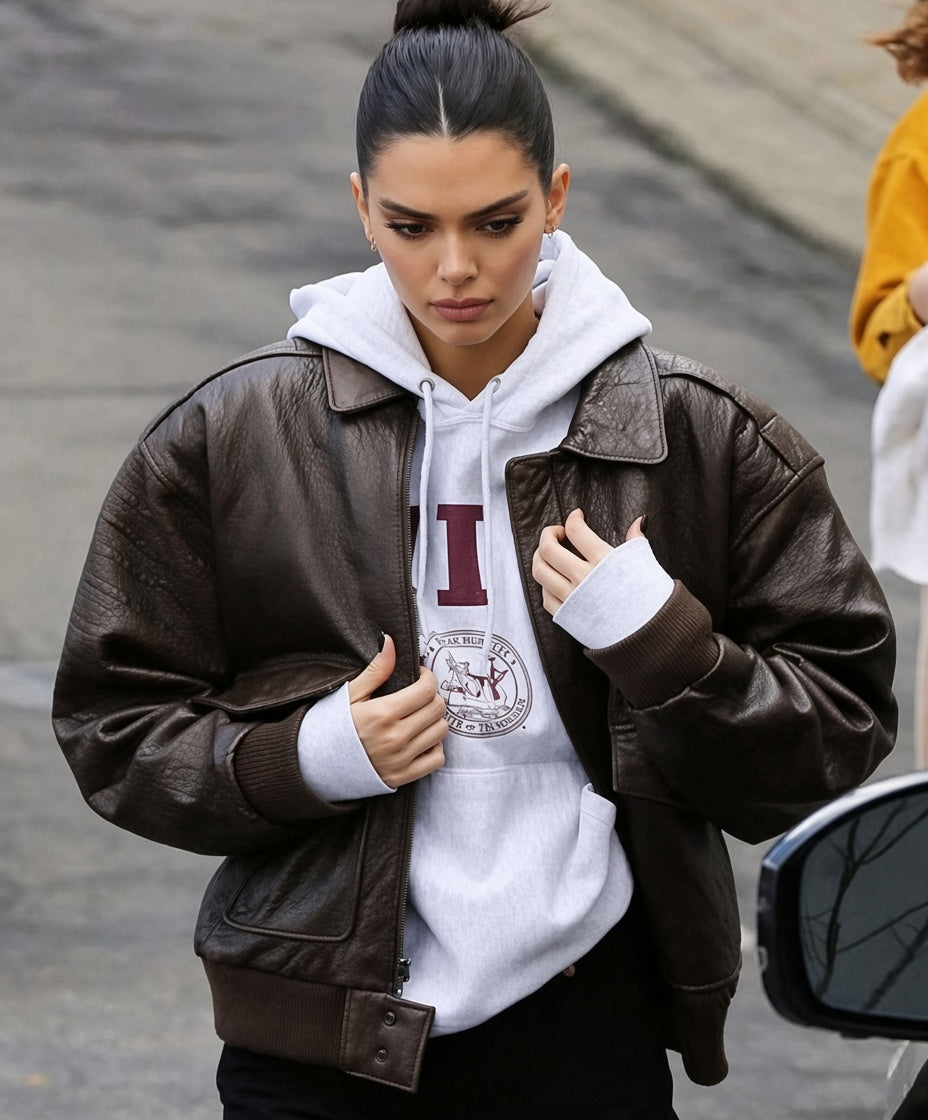Kendall Jenner Inspired Brown Leather Bomber Jacket