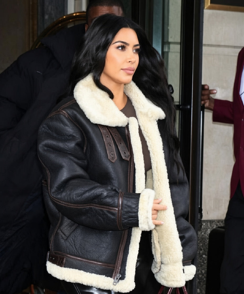 Kim Kardashian Inspired Black Leather Jacket with Faux Fur