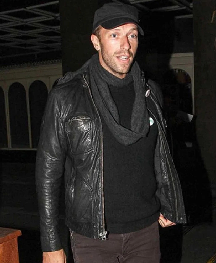 Shop Chris Martin Coldplay Black Hooded Leather Jacket