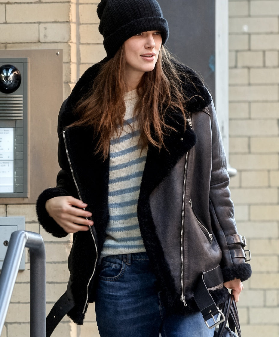 Keira Knightley Inspired Black Shearling Leather Jacket