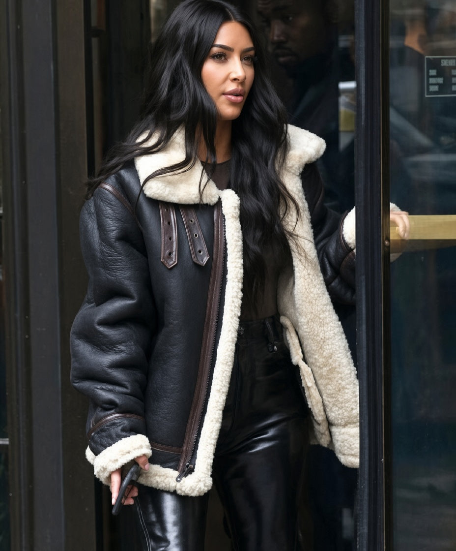 Kim Kardashian Inspired Black Leather Jacket with Faux Fur