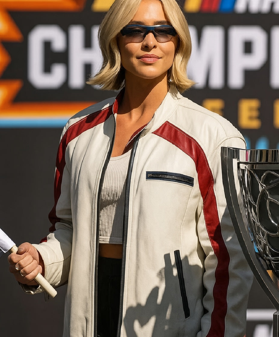 Sydney Sweeney Inspired NASCAR Championship White Leather Jacket