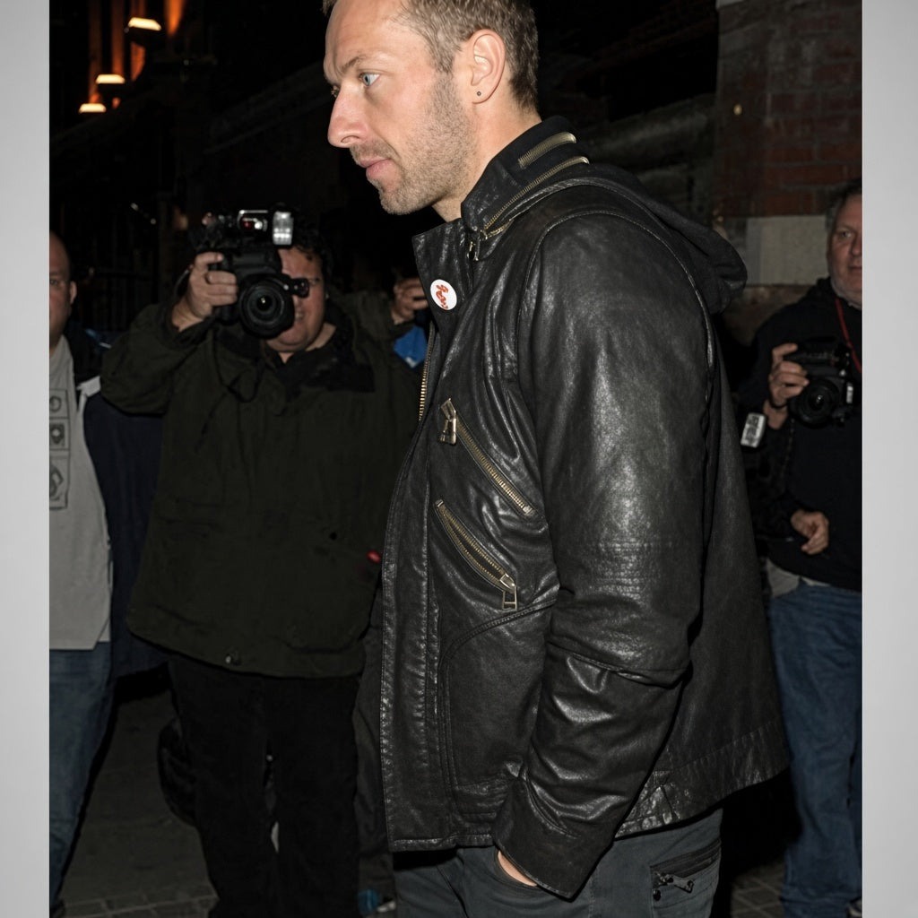 Shop Chris Martin Coldplay Black Hooded Leather Jacket